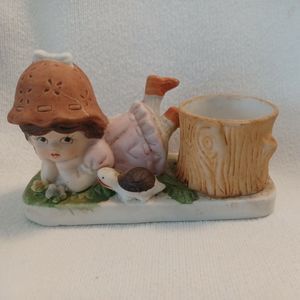Vintage 1982 Bonnie Brite Hand Painted Ceramic Votive Candle Girl Mushroom